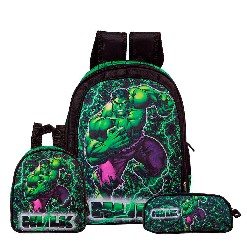 Kit Mochila do Hulk com Lancheira Térmica e Estojo Escolar de Costas Juvenil