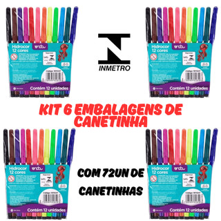 KIT 6 Embalagens Canetinhas 12 cores Hidrocor Lavavel Material Escolar Papelaria Canetinha Colorida
