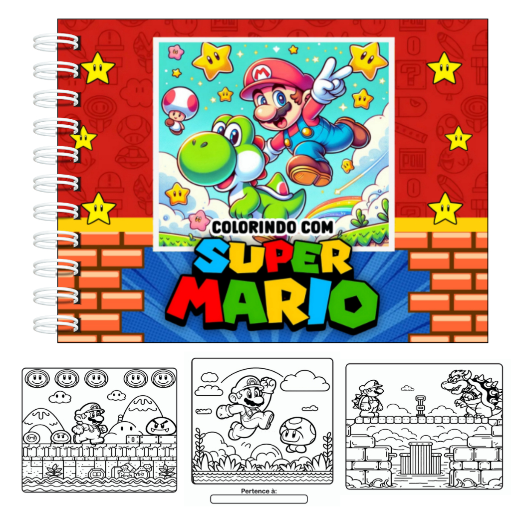Livro de Colorir Super Mario Capa Dura 50 Páginas Folhas 180Grm + Acetato