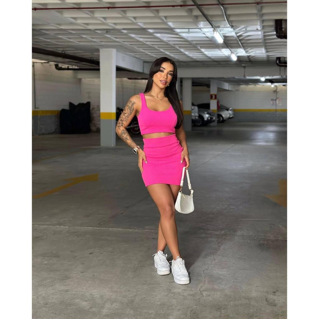Conjunto Sara Cropped com Alcinha Regata e Saia Tubinho Curta Colada Feminino Anarruga com Elastano Moda Verão Elegante