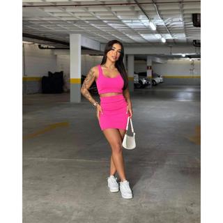 Conjunto Sara Cropped com Alcinha Regata e Saia Tubinho Curta Colada Feminino Anarruga com Elastano Moda Verão Elegante
