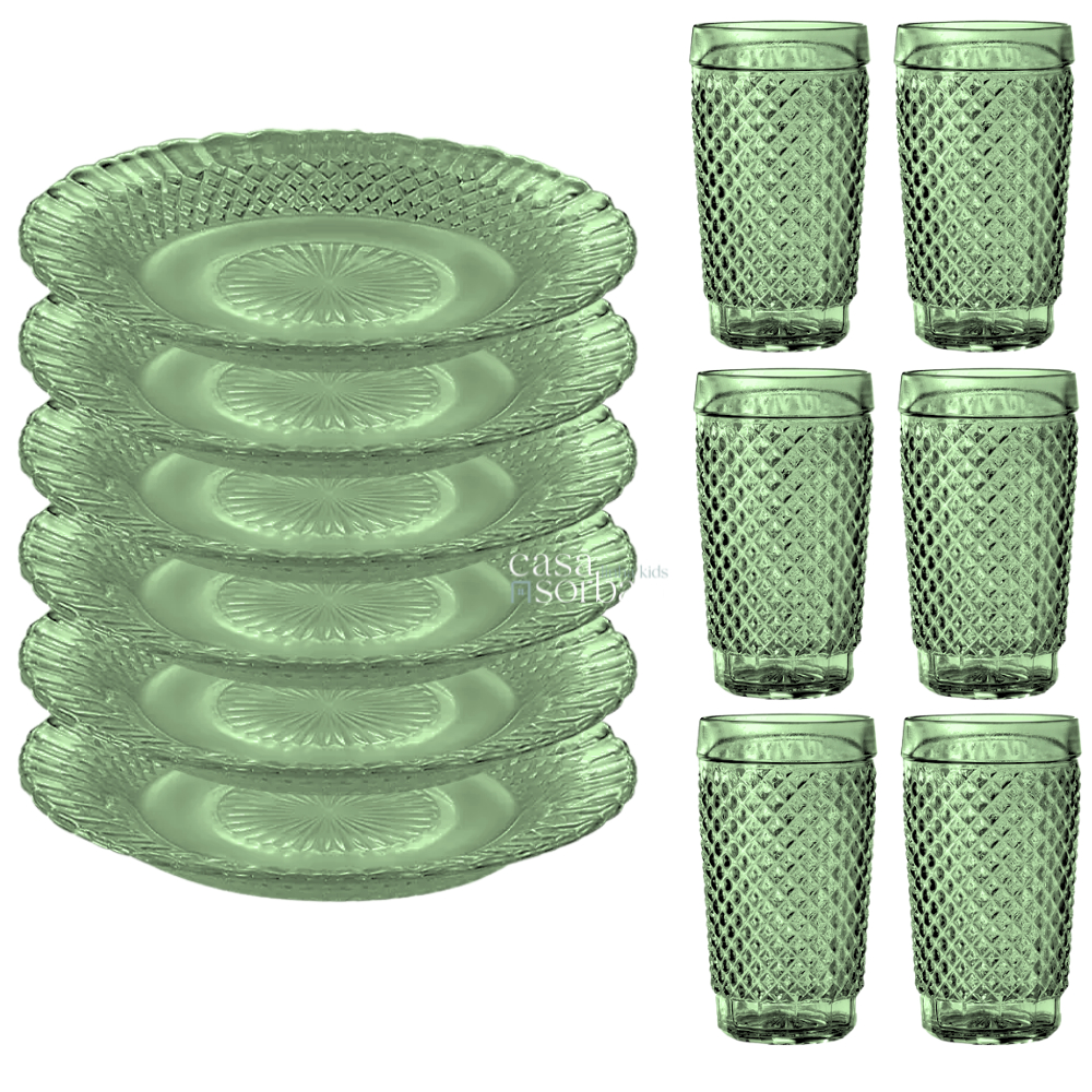 Conjunto de Pratos Fundos e Copos de Vidro Wheaton Linha Verde Barroco jogo de Jantar