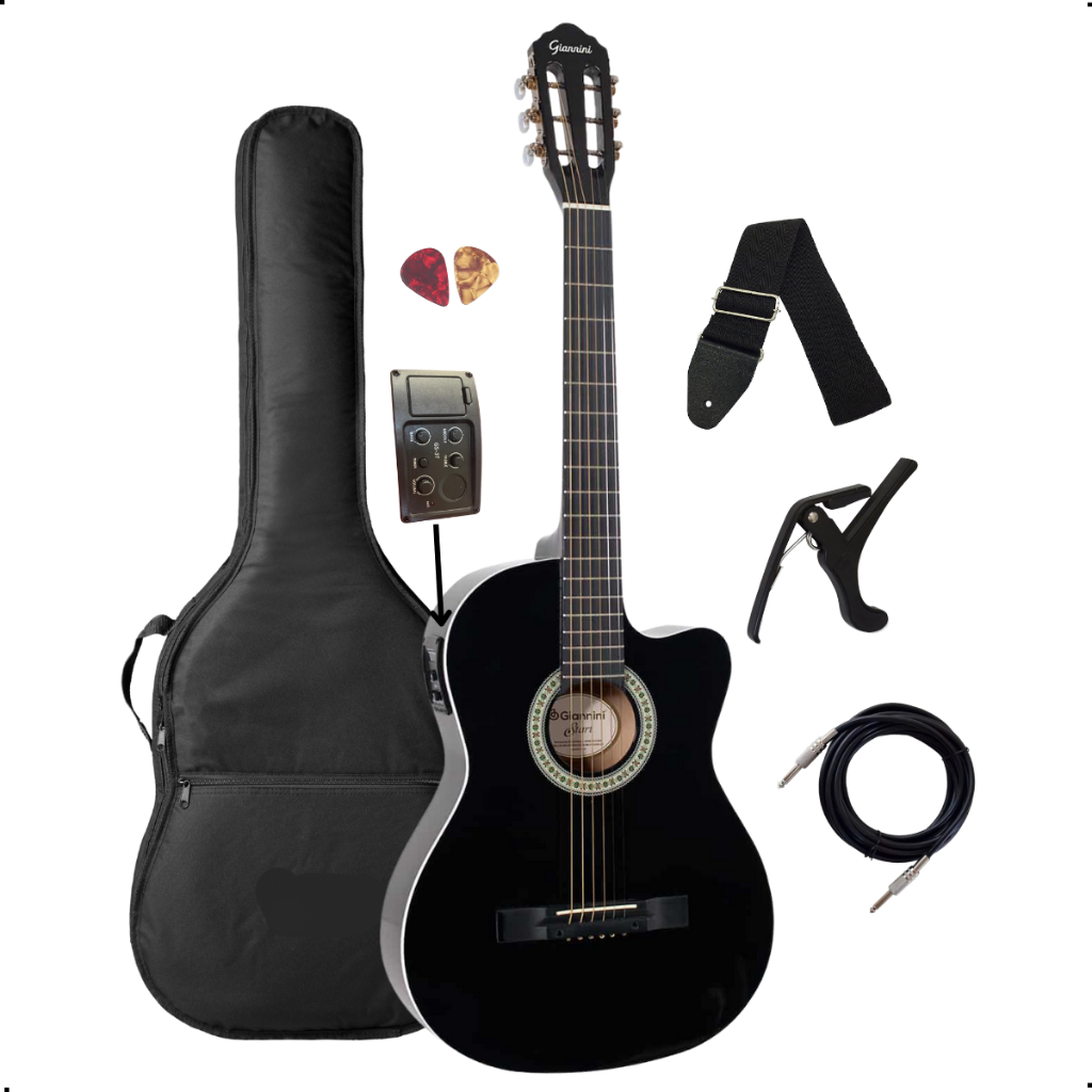 Violao Nylon Eletroacústico Flat Adulto Giannini start NF-14 CEQ BK Preto Verniz Brilhante + Acessórios
