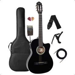 Violao Nylon Eletroacústico Flat Adulto Giannini start NF-14 CEQ BK Preto Verniz Brilhante + Acessórios