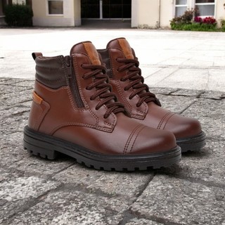 Bota Coturno Infantil Masculino em Couro Sintético Acolchoado Com Cadarço e Zíper