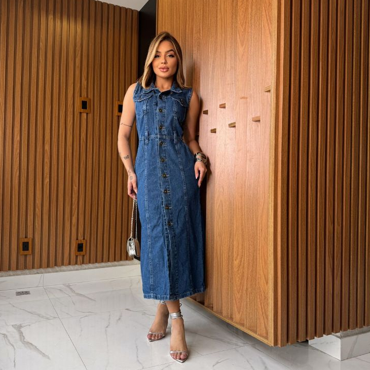 VESTIDO JEANS FEMININO MIDI REGATA GRAZI