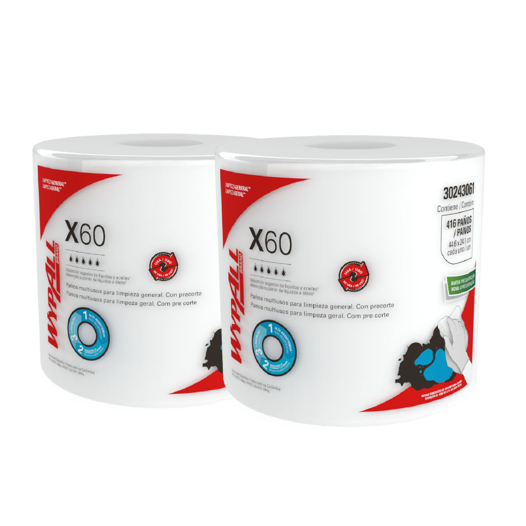 2 Rolos  Brancos com 416 Panos Descartáveis WypAll X60 Kimberly Clark