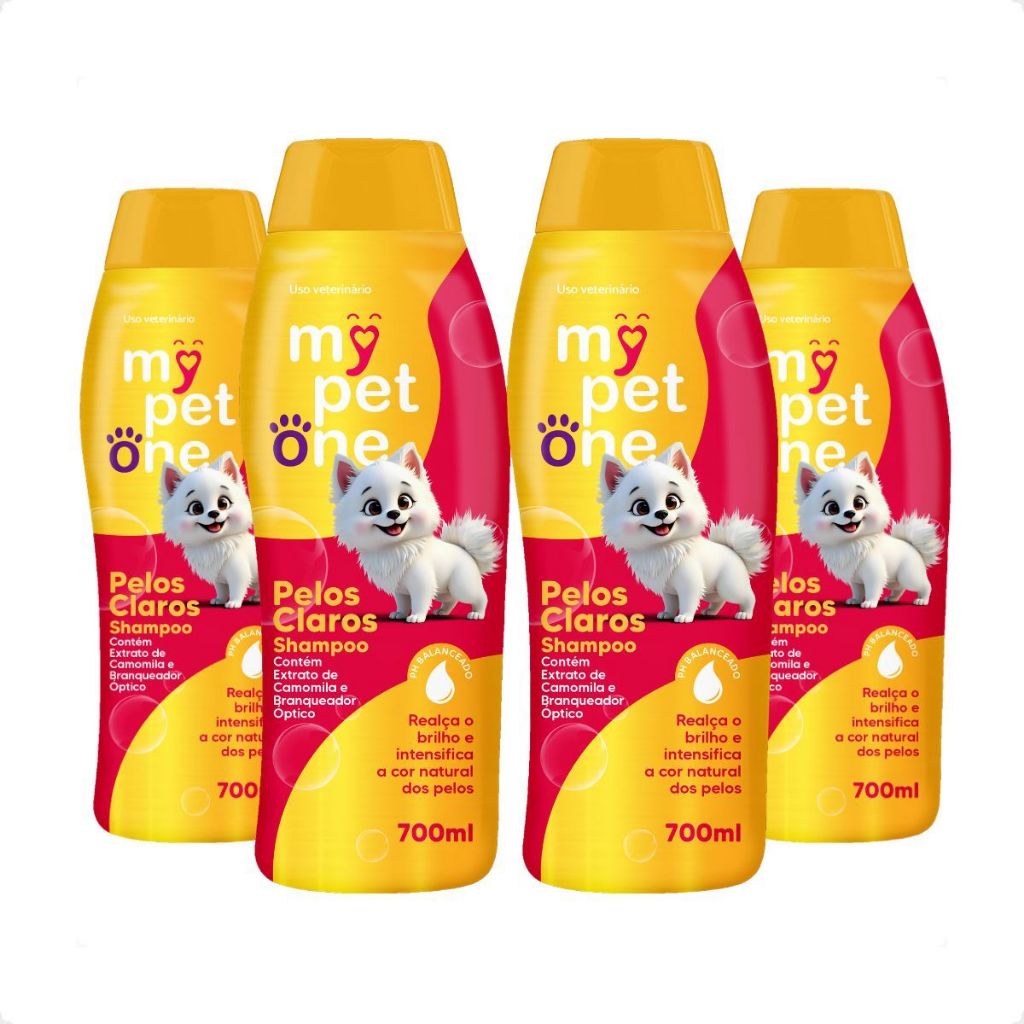 Kit 4 Shampoo Pêlos Claros 700mL Cães e Gatos Mypetone