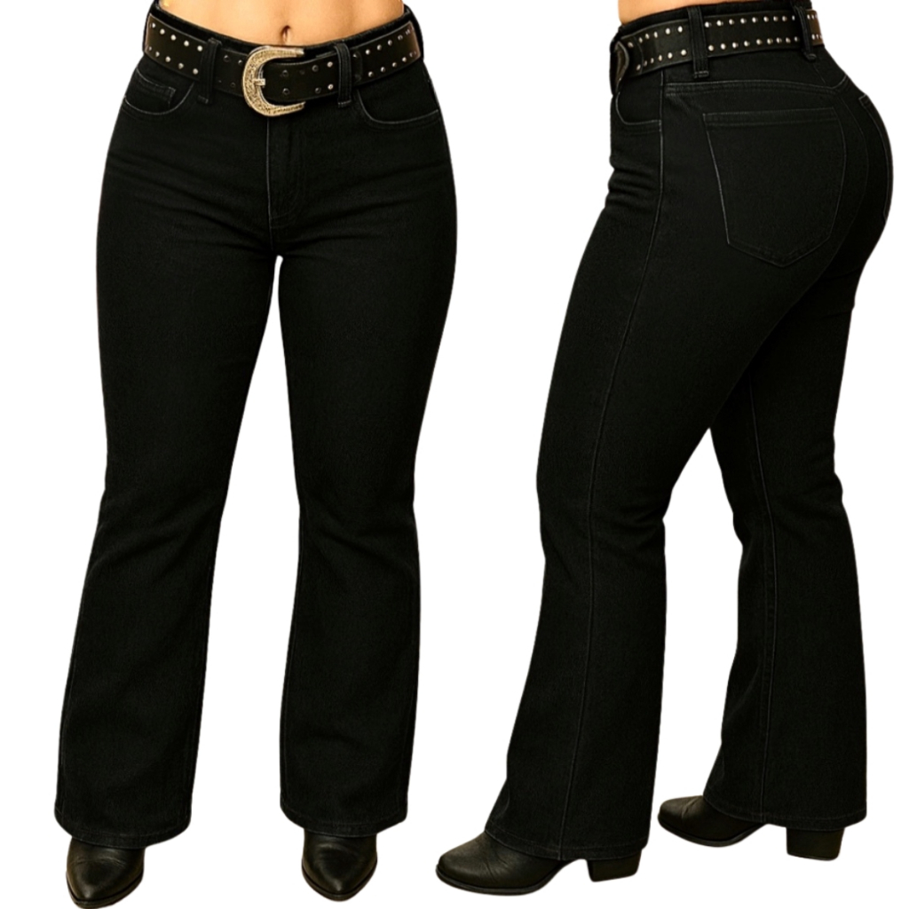 Calça Country Flare Jeans Feminina Preta Lisa Cintura Alta Modeladora com Lycra Rodeio Cavalgada em Oferta na Shopee