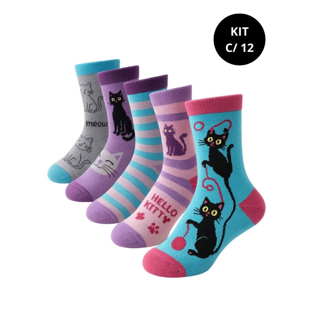 Kit 12 Meias Infantis para Menina – Estampas Enviadas Aleatoriamente - Coloridas, Confortáveis e Cheias de Estilo em Oferta na Shopee