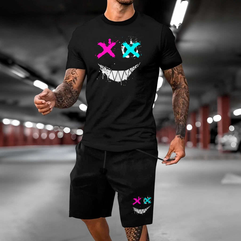 Kit Bermuda + Camiseta SORRISO AESTHETIC COLORIDO kit Basico Algodão Manga Curta Malha Premium