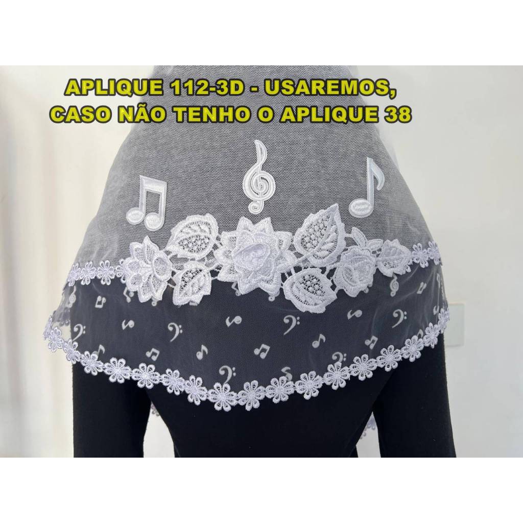 VÉU  4430 apl 38  ou 112-3D + tule de notas (de ombro a ombro) 1 clave e 2 colcheias /escolher formato e tamanho