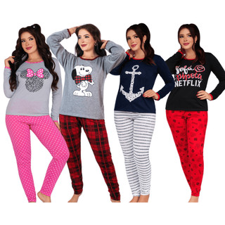 Kit 3 Pijamas Longo De Frio Feminino Longo Estampado Personagens Desenhos