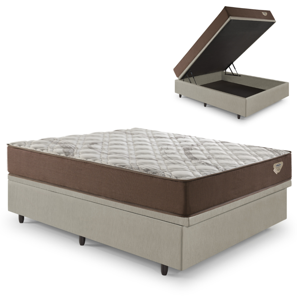 Box Baú Casal Bege 138x188 + Colchão Casal Adorabile Ecoflex