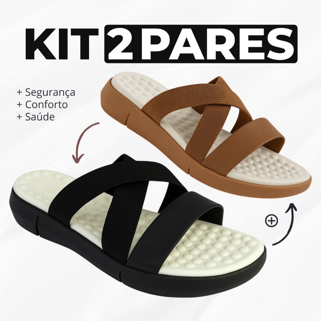Kit 2 Pares Sandalia Chinelo Feminino Tamanco Rasteira Ortopedica Massageador Confortável