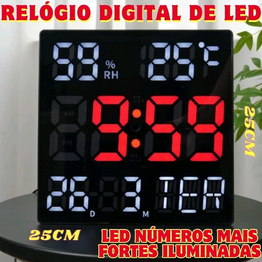Relógio De Parede Digital De Led Com Calendário Hora Temperatura E Ajuste De Brilho 25x25CM Com Usb