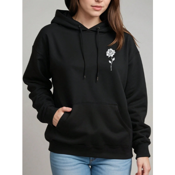 Moletom Feminino Blusa de Frio Casaco Estampado Rosa Floral Flor Minimalista Moletom Canguru Inverno