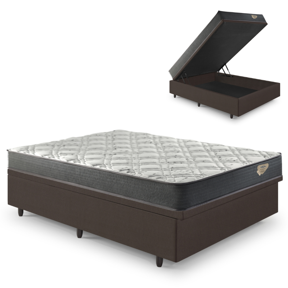 Box Casal Baú Courino Marrom 138x188 + Colchão Adapto Ecoflex