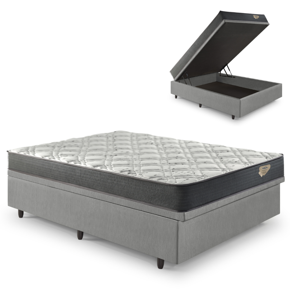 Box Baú Casal 138x188 + Colchão Adapto Ecoflex Courino Cinza