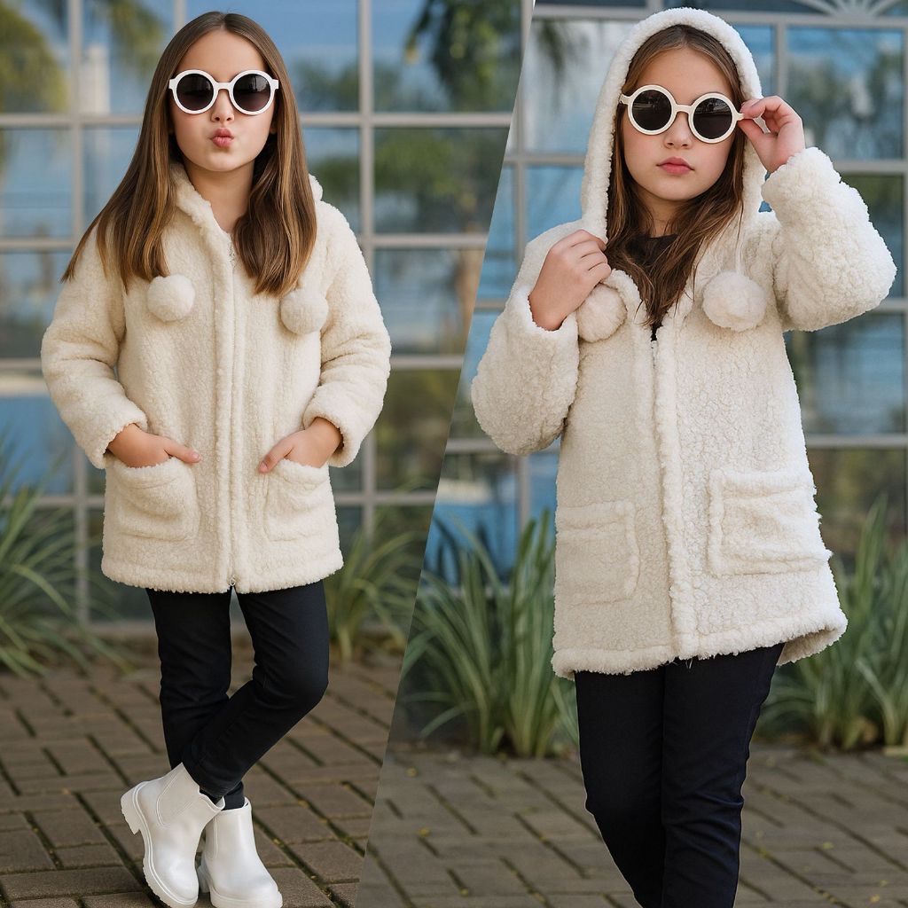 Casaco Infantil Teddy Pom Pom C/ Botão Blusa Frio Tamanho 3 / 4 anos Menina Quentinho Cordeiro Moderno Pelúcia Sobretudo