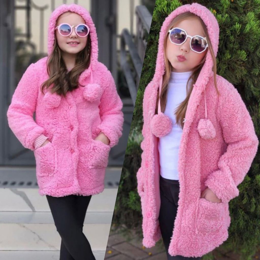 Casaco Infantil Teddy Pom Pom C/ Botão Blusa Frio Tamanho 4 Menina Blogueirinha Quentinho Moderno Sobretudo Inverno 2025