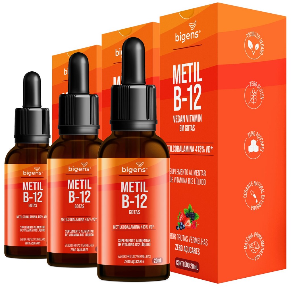 BIGENS KIT 3X METIL B12 EM GOTAS 20ML FRUTAS VERMELHAS em Oferta na Shopee