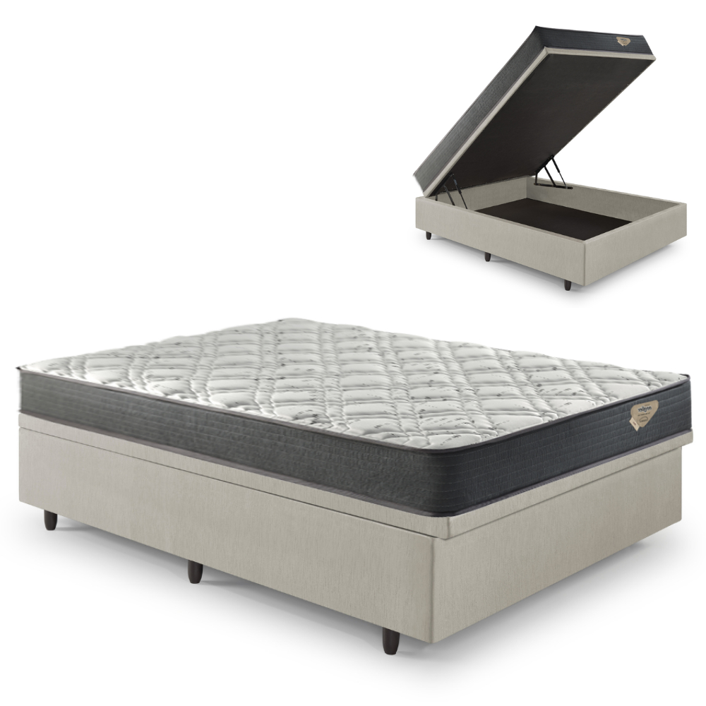Box Casal Baú Courino Areia 138x188 + Colchão Adapto Ecoflex