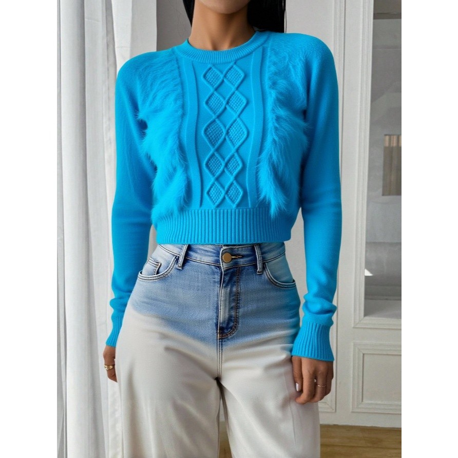 Blusinha de frio feminina manga longa com pelinho e malha textualizada