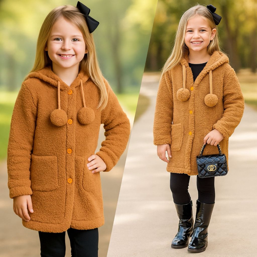 Casaco Infantil Teddy Pom Pom C/ Botão Blusa Frio Tamanho 4 Anos Menina Blogueirinha Quentinho Moderno Sobretudo Inverno