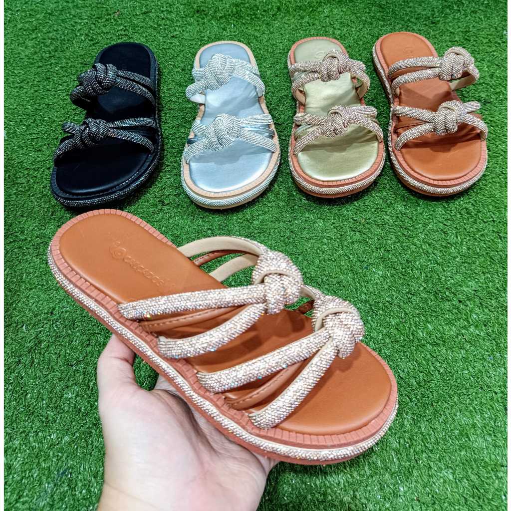 Papete Nózão Rasteira Feminina com Tiras Brilhantes e Nó Duplo – Confortável e Estilosa Lançamento 2025