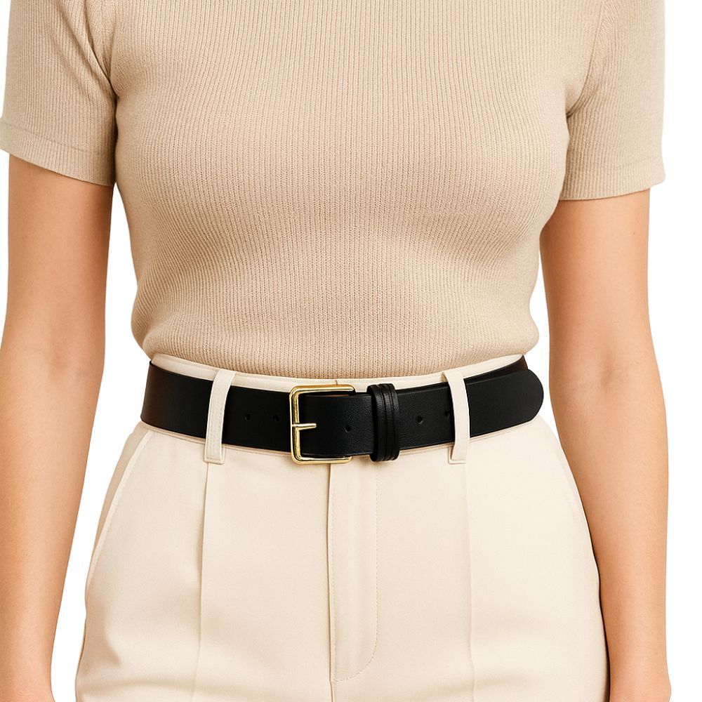 Cinto Feminino Preto Couro Legítimo Fivela Quadrada Com Rolete Dourada 2,5 cm de Largura