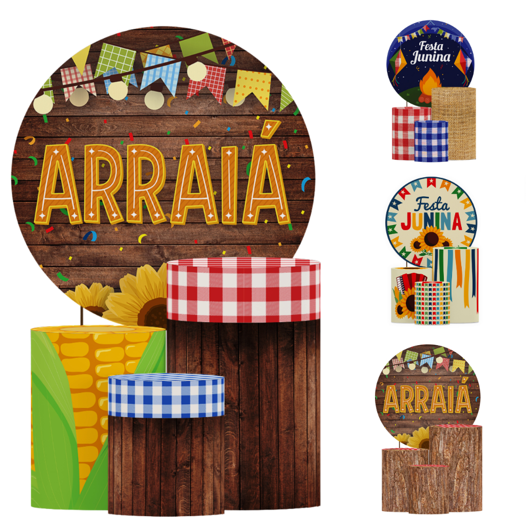 Kit Festa Capa de Painel Redondo Decoração + Trio Capa De Cilindro Para Festa Tema Festa Junina Julina Caipira Arraiá