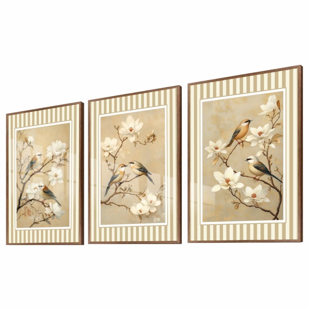 Kit 3 Quadros Pássaros Boho Clássico Listras Moldura e Vidro Quarto Sala Corredor em Oferta na Shopee