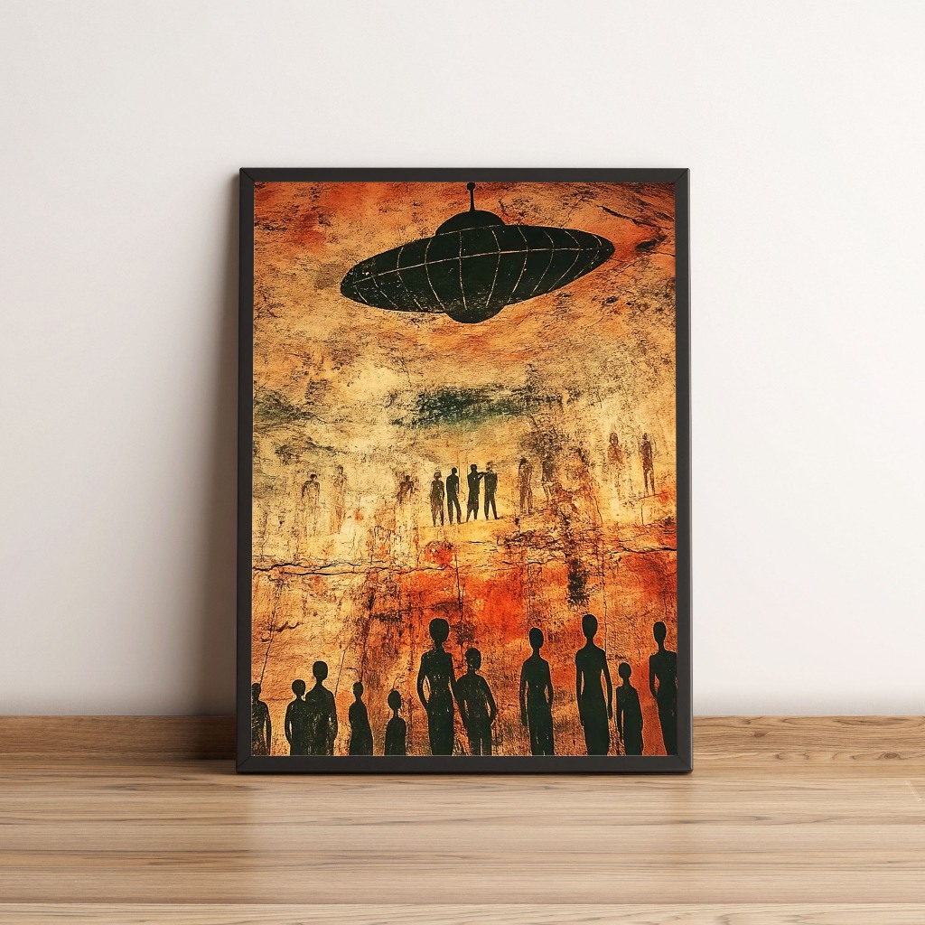 Quadro com arte rupestre de nave espacial e aliens 2209