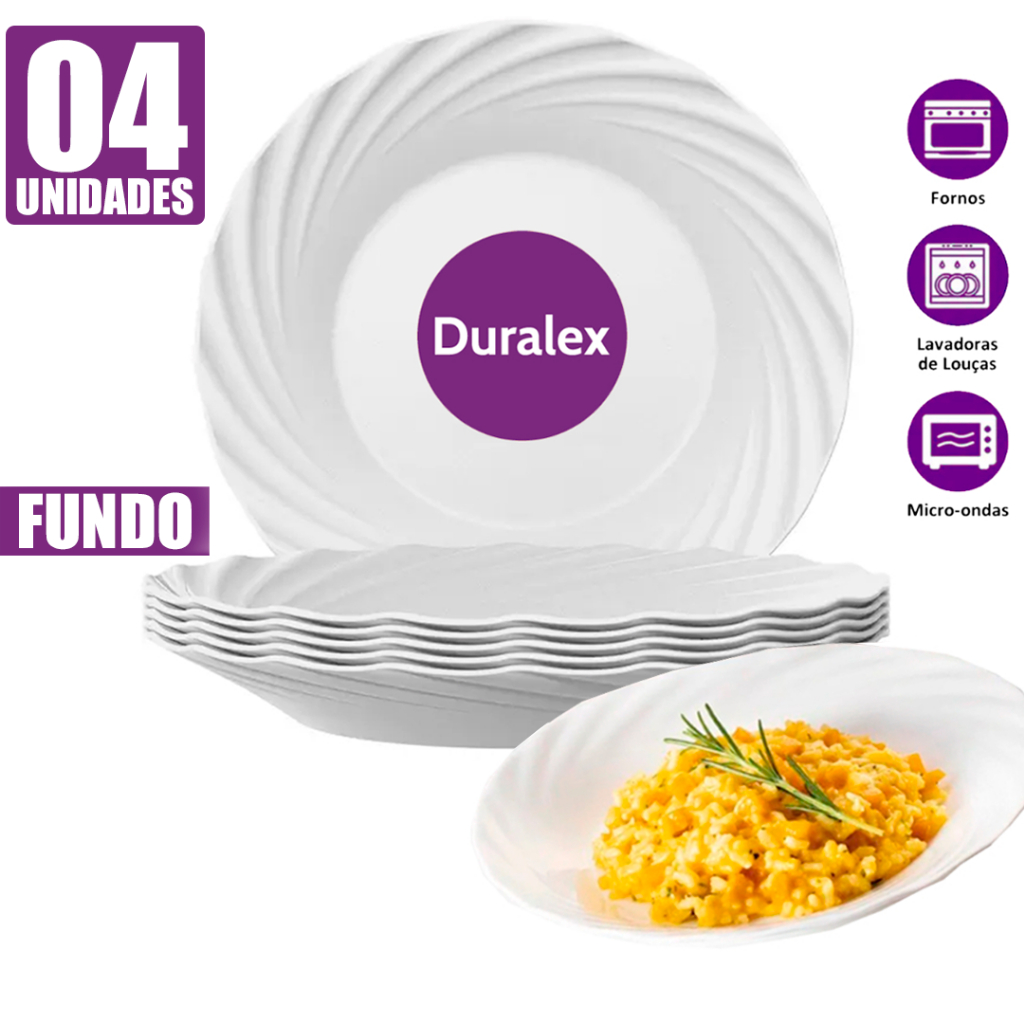 Kit 04 Pratos Duralex Jasmim Branco Vidro Opaline Fundo Circular Borda Floral Almoço e Jantar