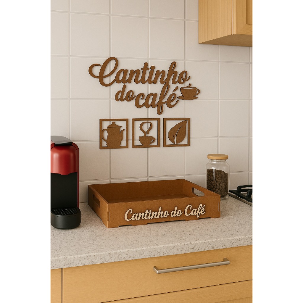 Kit Bandeja Cantinho do Café Marrom em MDF Com Apliques de Parede Decoração Cantinho de Café em Oferta na Shopee