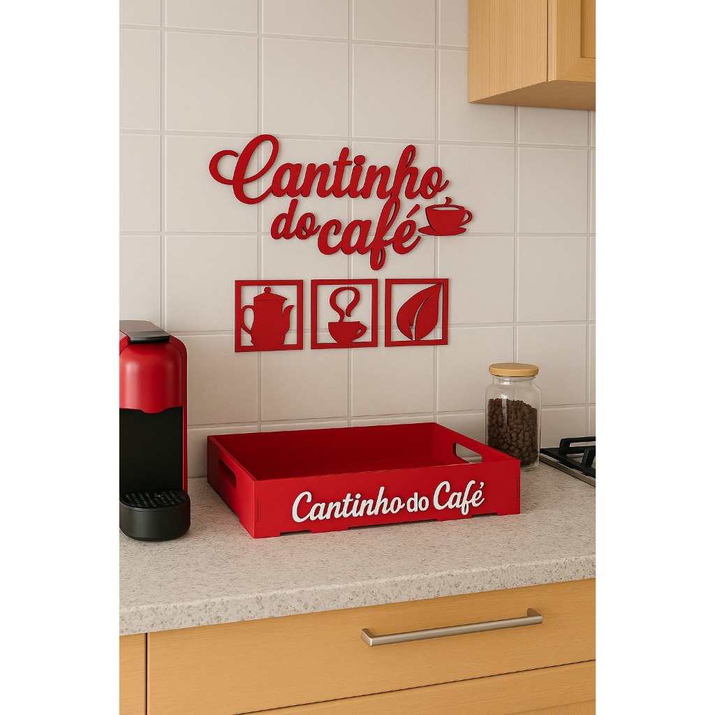 Bandeja Cantinho do Café Vermelha Com Apliques em MDF de Parede Decoração de Cozinha/Escritório
