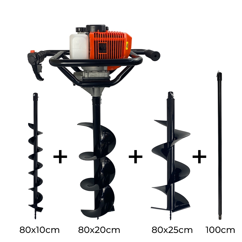 Perfurador de Solo a Gasolina 52cc com Brocas 80x10cm + 80x20cm + 80x25cm + Extensão 1m Carbon Fak