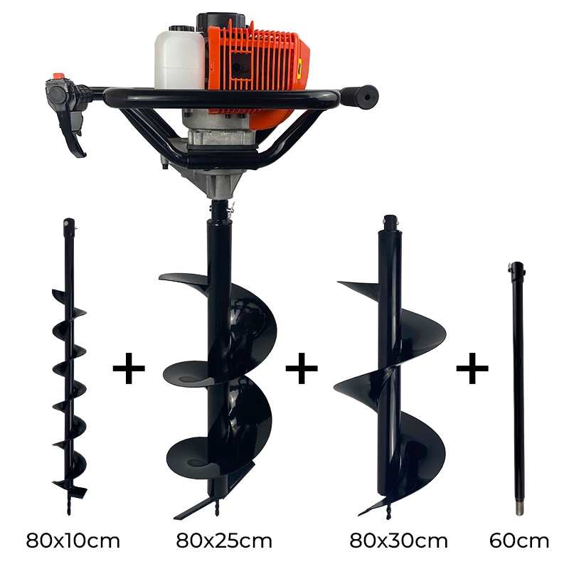 Perfurador de Solo A Gasolina 52cc 2,5HP Profissional com Brocas 10cm + 25cm + 30cm + Extensão 60cm Carbon Fak