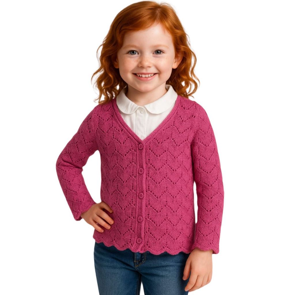 Cardigan Casaquinho de Lã em Renda Infantil de Menina Tricô Inverno Tricot Casaco Rosa e Uva