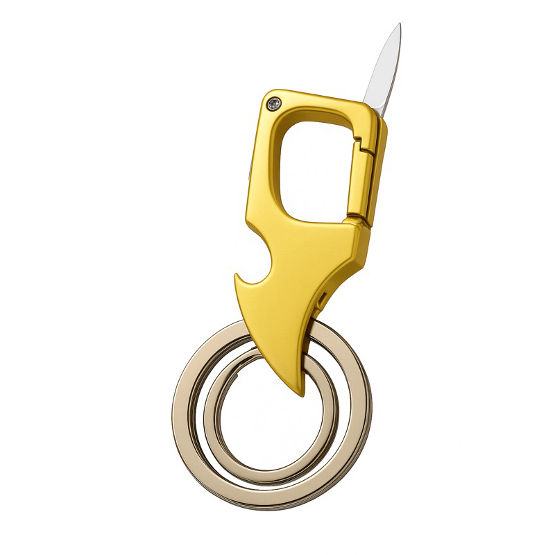 Chaveiro Dourado Minimalista com Canivete Ponta Carro Moto Pesca Camping Faca duplo Mosquetao