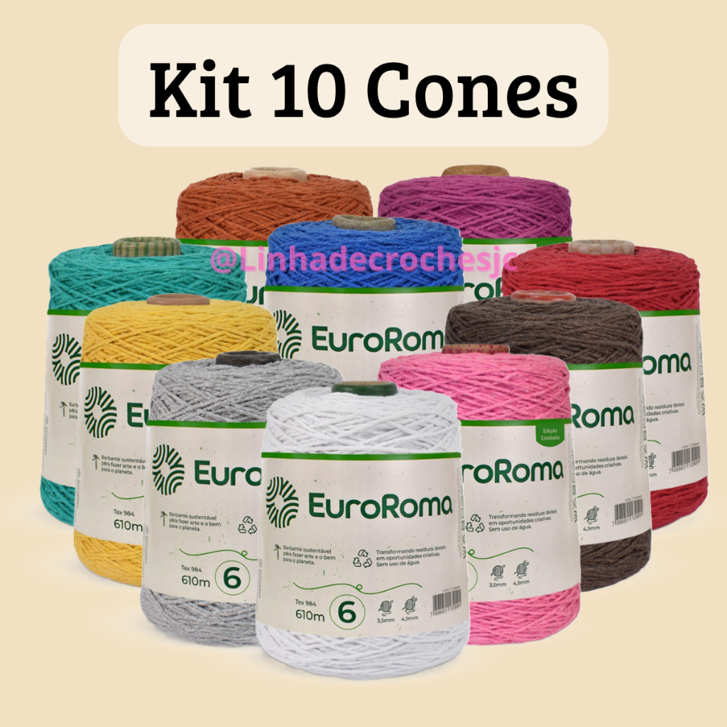 Kit 10 Cones Barbante Euroroma Fio Numero 6 Para Crochê em Oferta na Shopee
