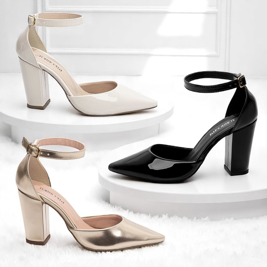 Sapato Scarpin Feminino Salto Alto Grosso 9cm Salomé Saia e Blusa Aberto Fivela Elegante Torricella