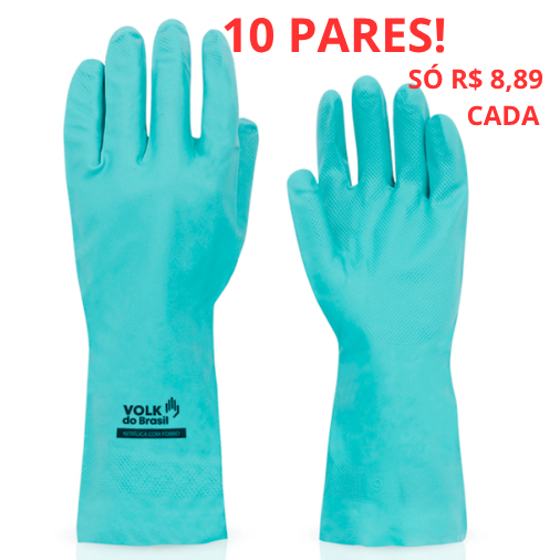 Kit 10 Luva Nitrilica Verde CA 40570 com Forro Cozinha Limpeza Produtos Quimicos Louça Anti-alergica