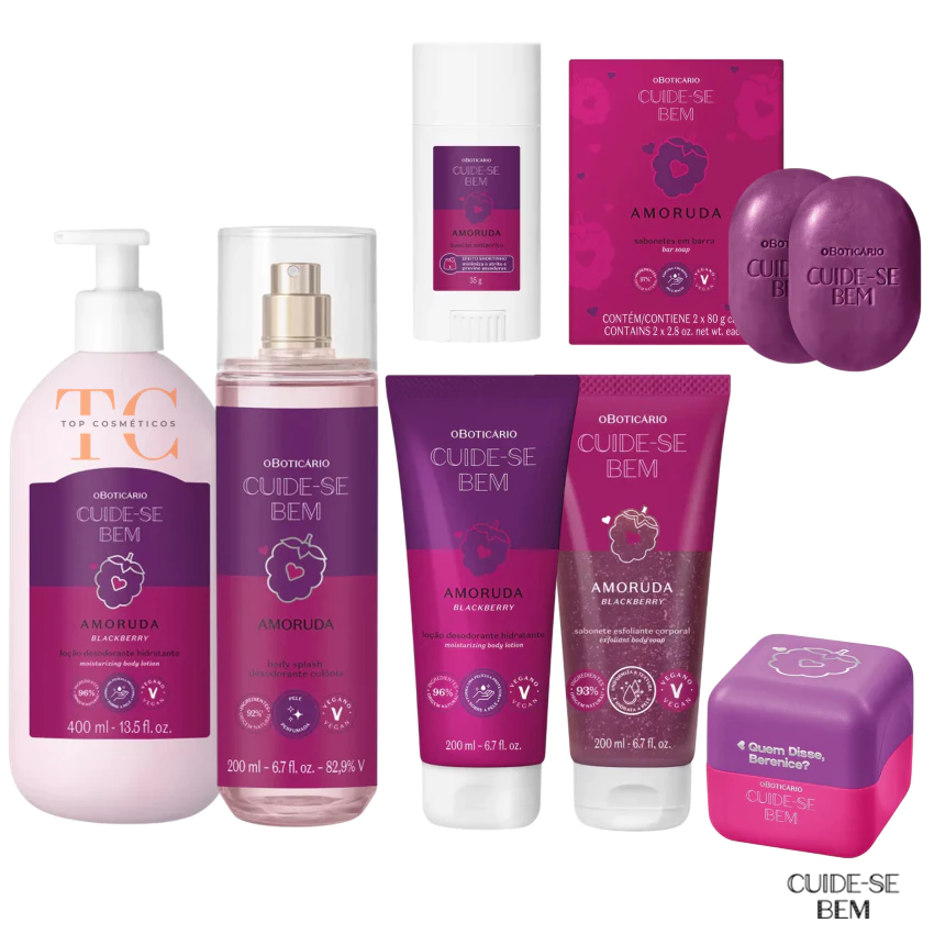 Linha Cuide-se Bem Amoruda (o Boticário): Body Splash, Hidratante Corporal, Sabonete Esfoliante, Bastão Anti-Atrito e +
