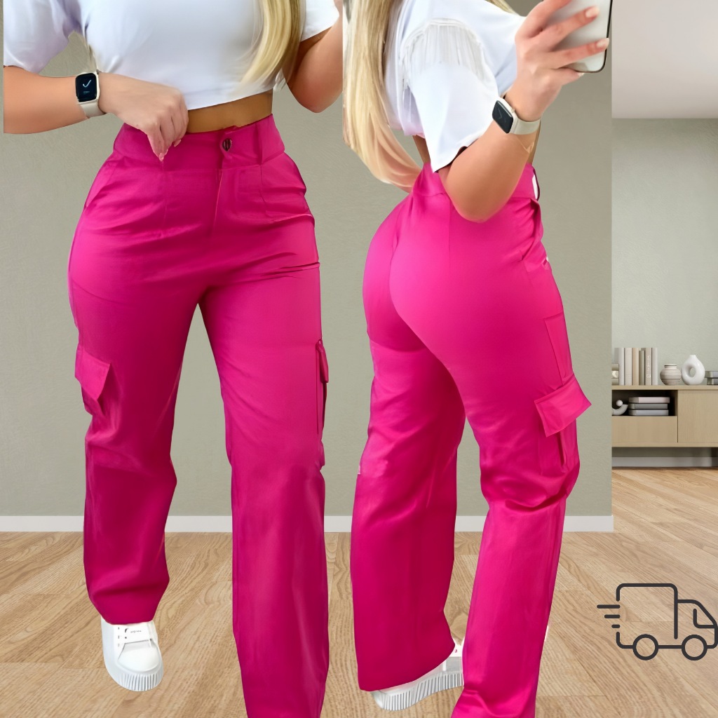 Calça Pantalona Cargo Com Bolsos Feminina Rosa Pink -  Calça Para Brilhar em Oferta na Shopee