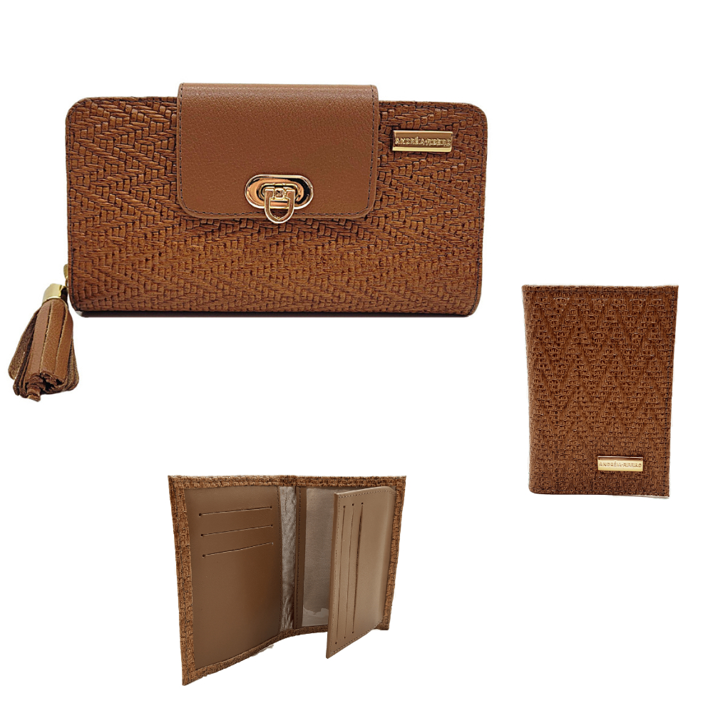 Kit Carteira Feminina Couro Legítimo + Porta Documentos/Cartões em Couro + Porta Níquel Couro