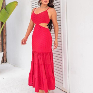 Vestido Feminino Longo Com Alças Babado Abertura Lateral Verão Tecido Lese Detalhe Cintura
