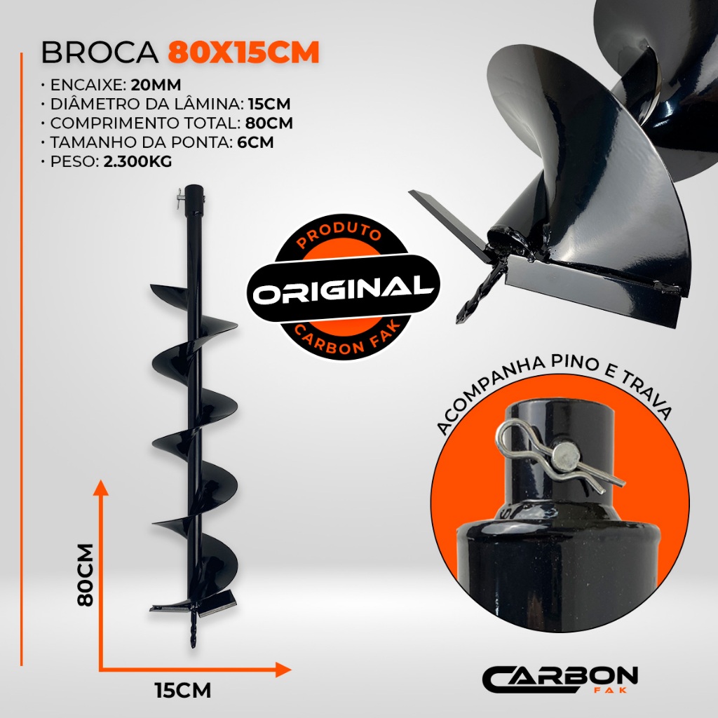 Broca 80x15cm com Pino Trava para Perfurador de Solo Carbon Fak