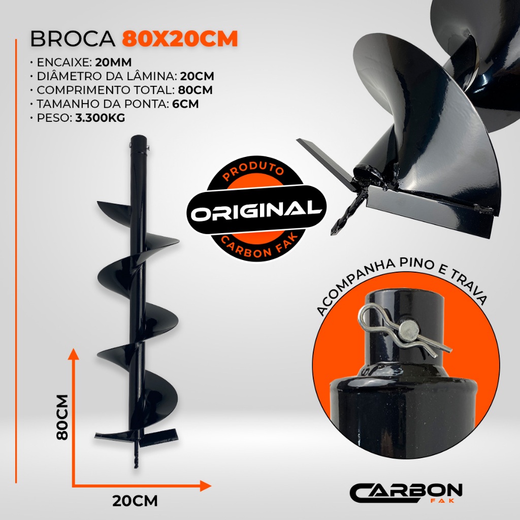 Broca 80x20cm com Pino Trava para Perfurador de Solo Carbon Fak
